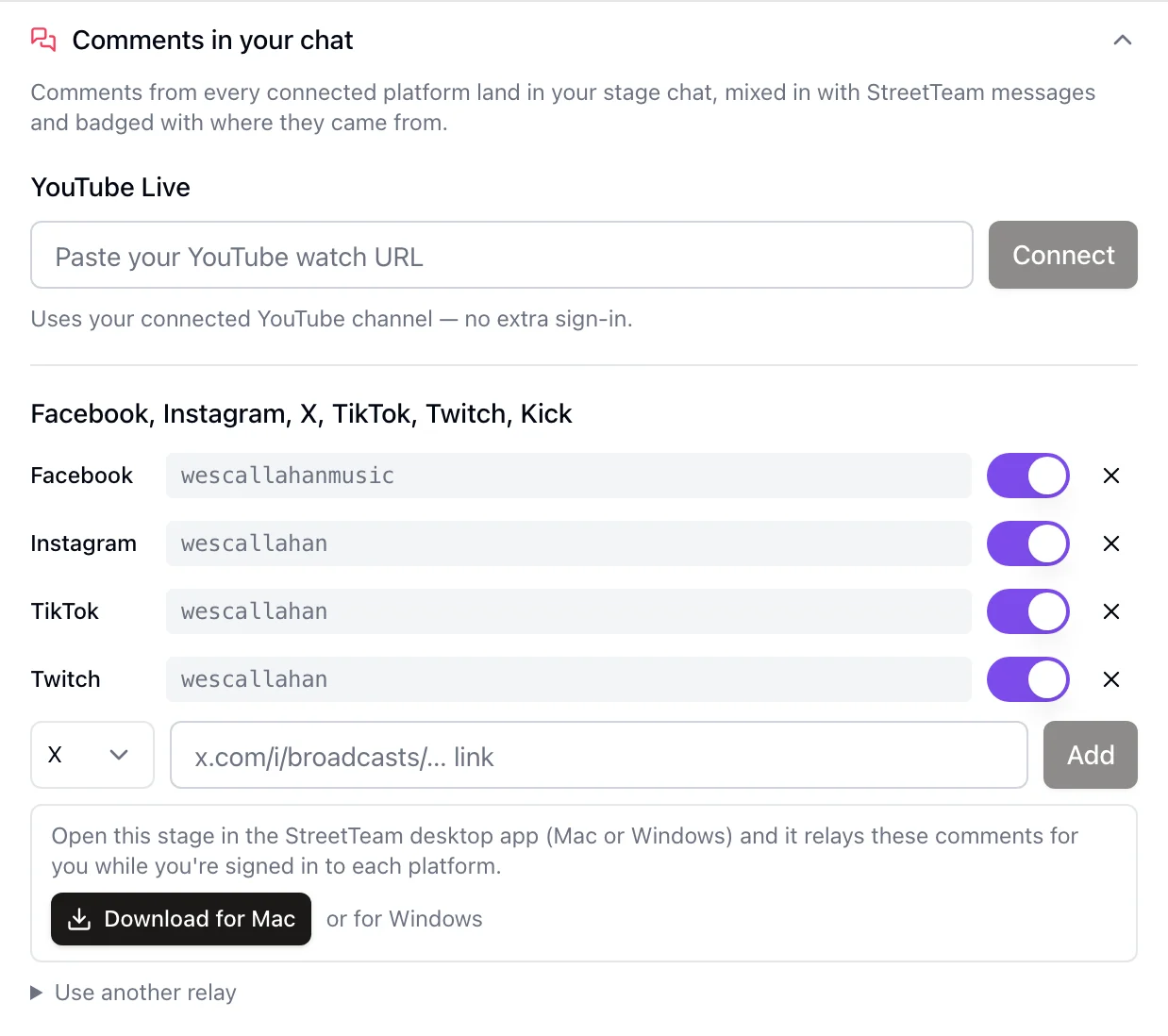 Comments in your chat: a place for the YouTube watch link, then Facebook, Instagram, TikTok and Twitch handles, each switched on