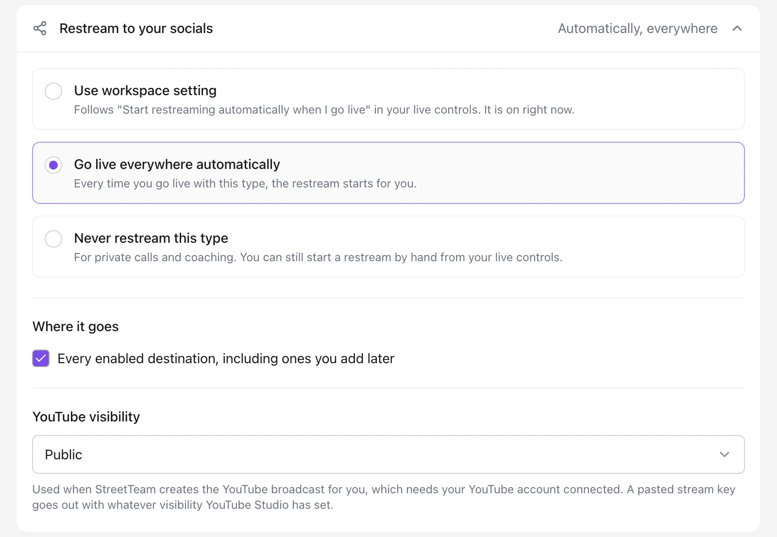 The Restream to your socials setting on an event type, set to Go live everywhere automatically
