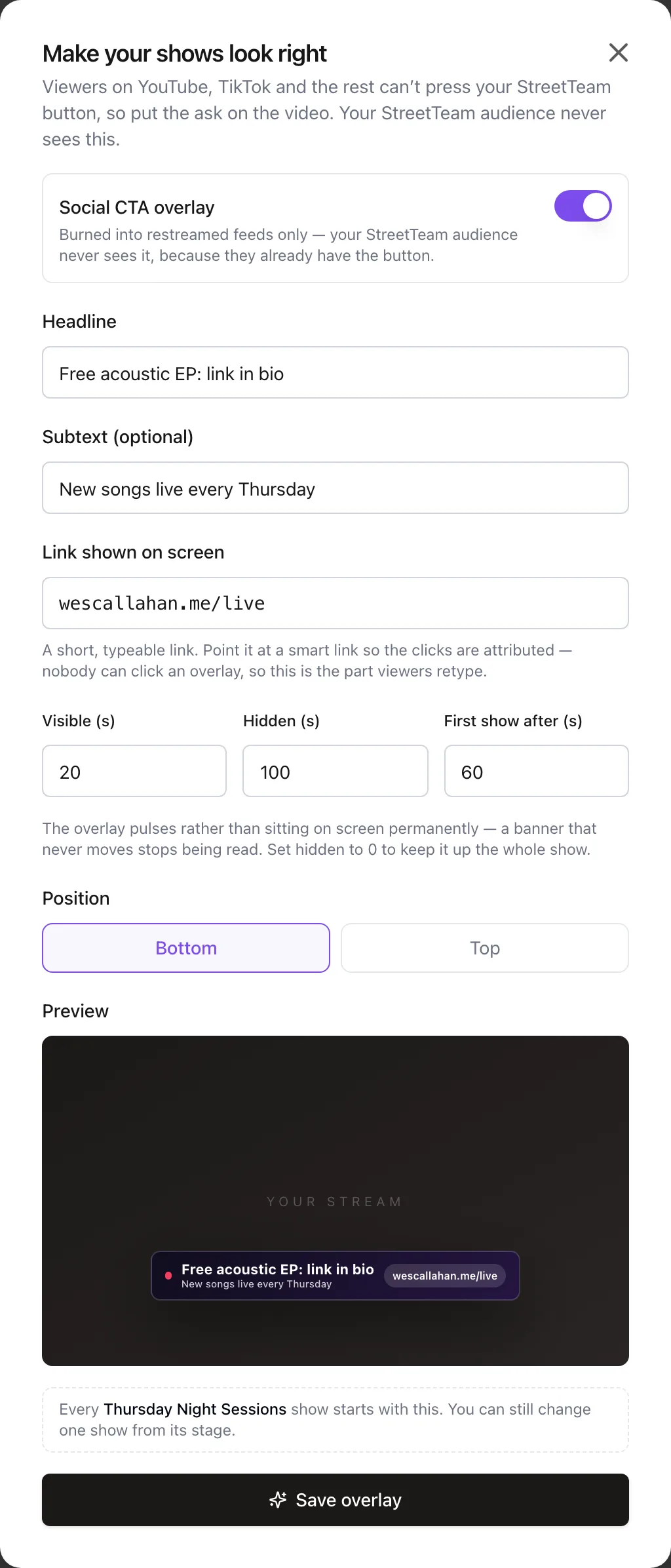 Make your shows look right: the headline, the link shown on screen and a preview of the line on the video