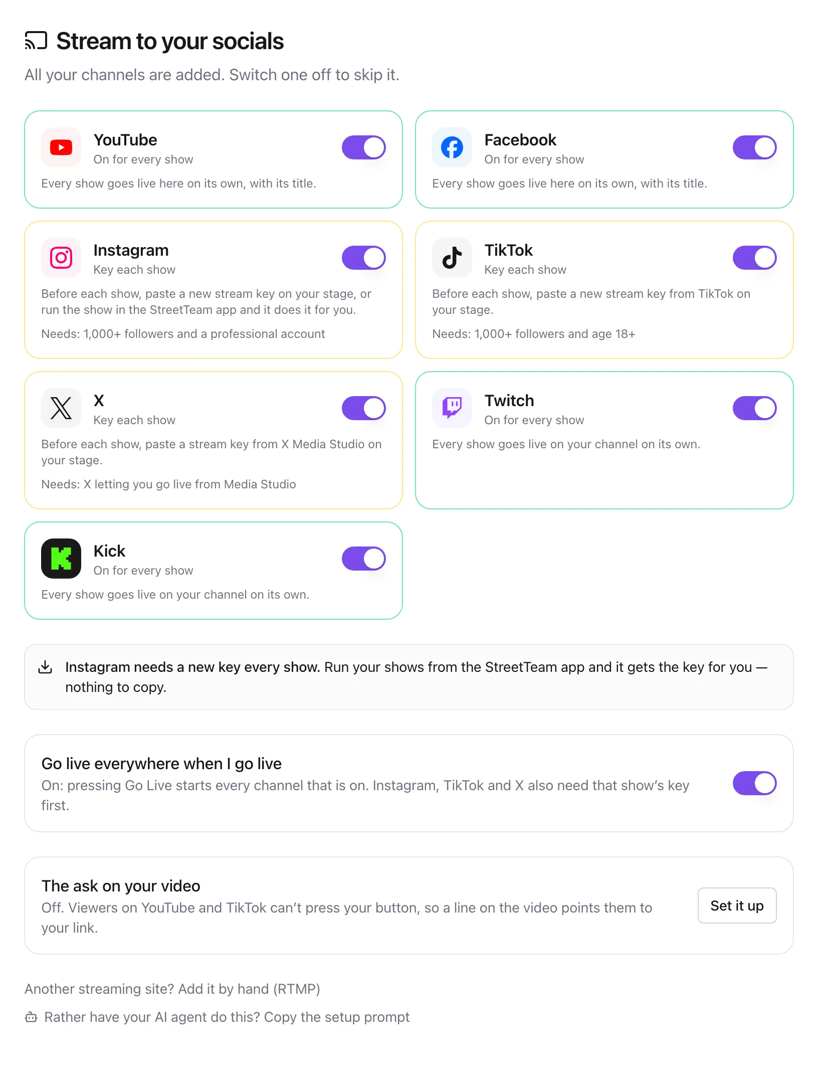 Live › Stream to socials with YouTube, Facebook, Instagram, TikTok, X, Twitch and Kick all switched on