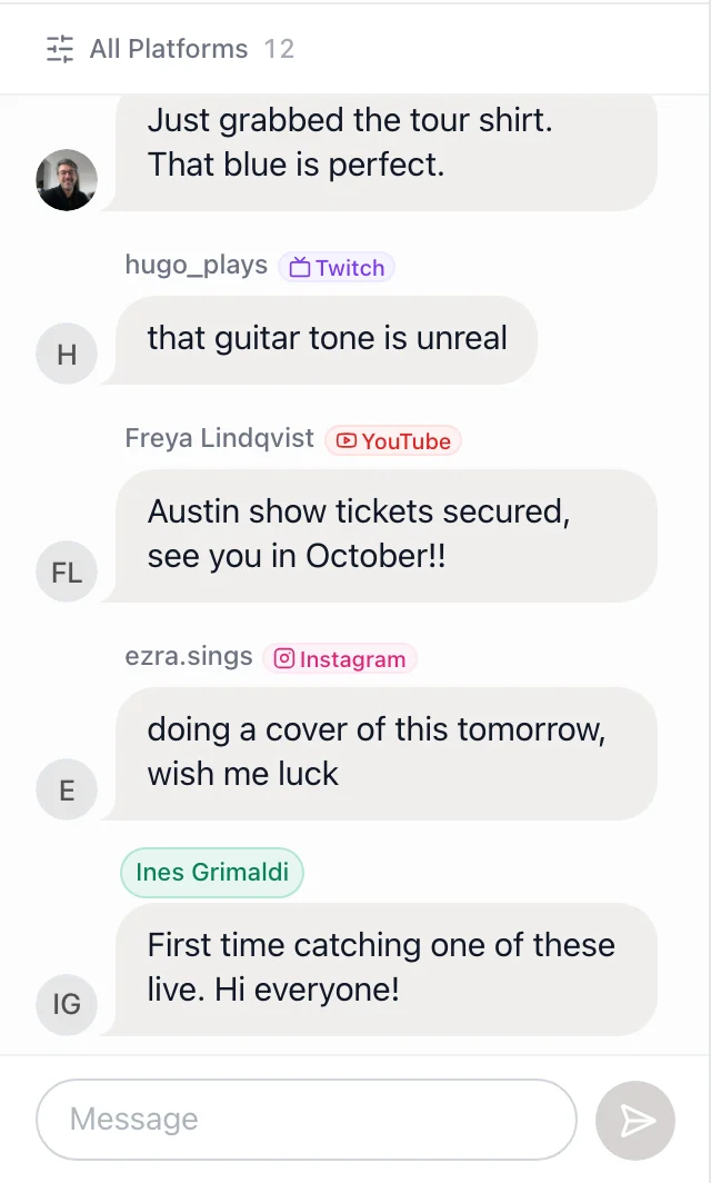 The stage chat with comments from Twitch, YouTube and Instagram, each badged with where it came from, beside StreetTeam messages