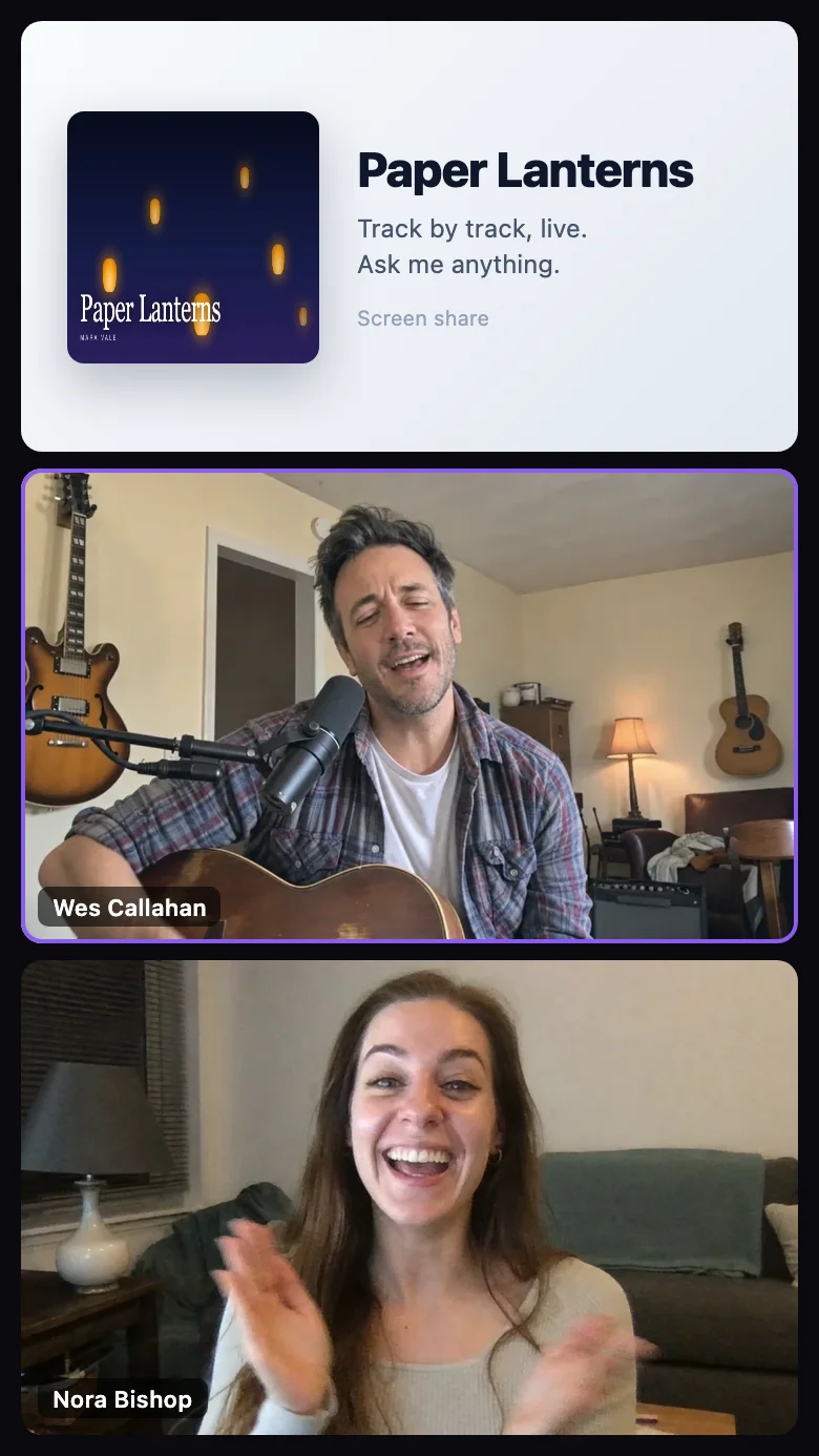 The vertical 9:16 layout: a screen share on top, the host's camera and a guest's camera below