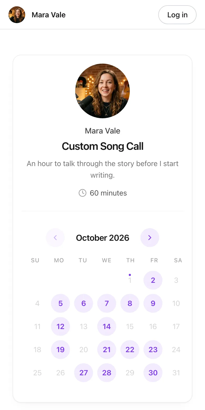 Mara Vale's booking page for a Custom Song Call on a phone, as a follower sees it: her photo, the call's title and length, and below them an October calendar with most weekdays open