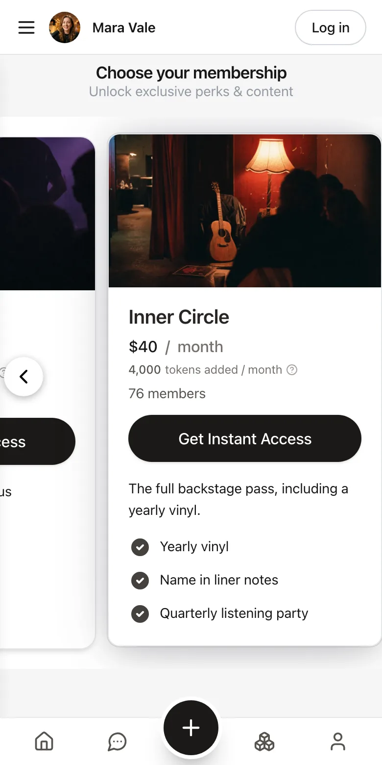 An artist's Inner Circle membership tiers on a phone, as a follower sees them: the Inner Circle tier at $40 a month with its artwork, member count, perks and a Get Instant Access button