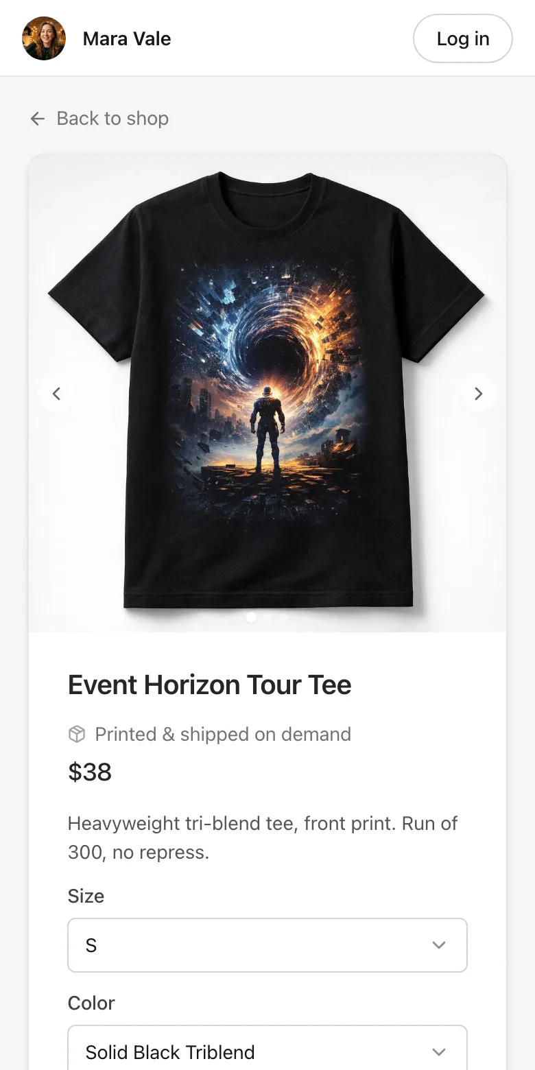 A print-on-demand tour tee in an artist's StreetTeam shop on a phone, as a follower sees it: a black tee printed with a lone figure facing a swirling cosmic vortex, printed and shipped on demand for $38, with size and colour to choose
