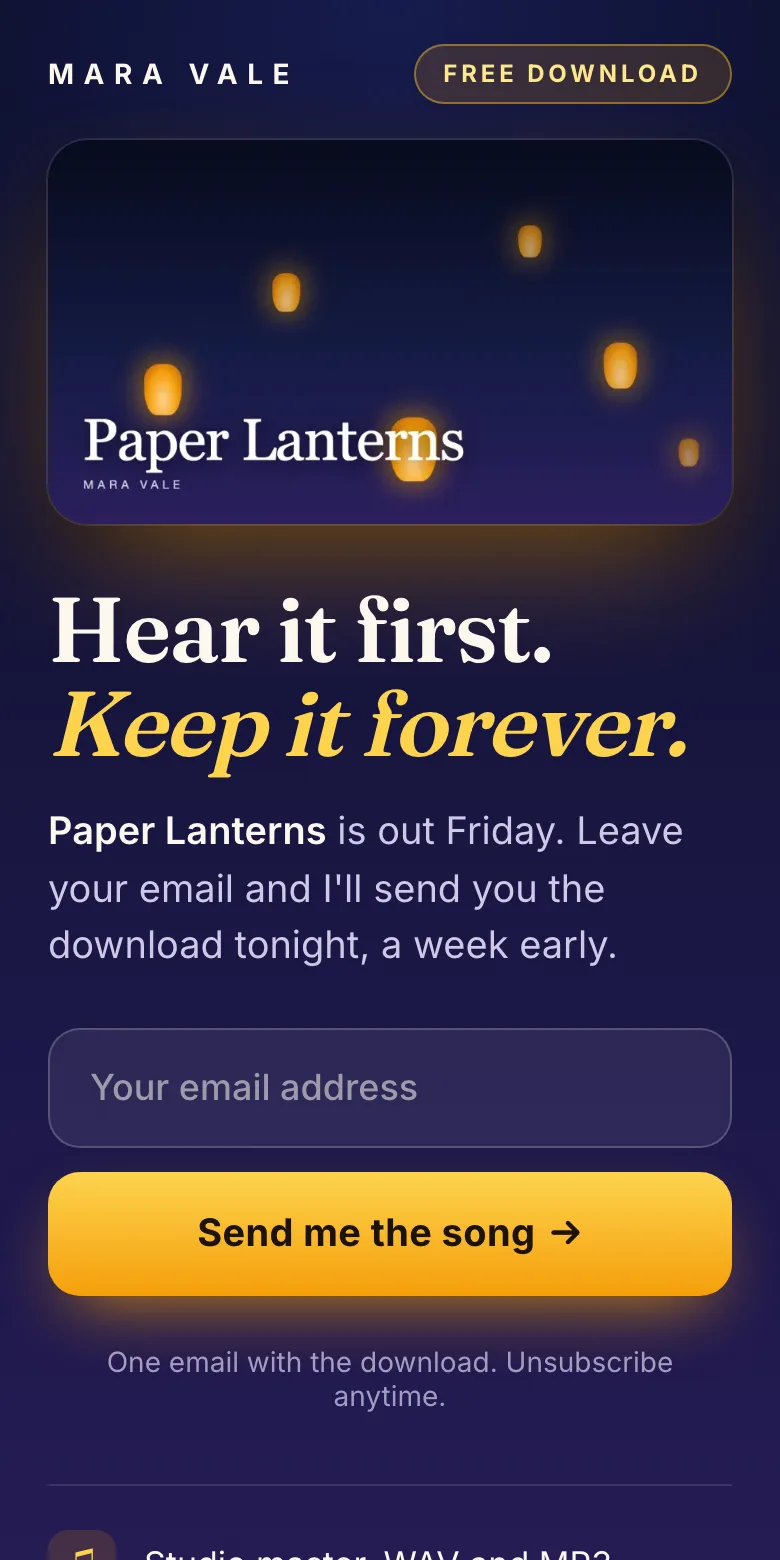 A journey's opt-in page on a phone, as a follower sees it: the artist's AI-designed page for her single Paper Lanterns, offering the download a week early for an email address