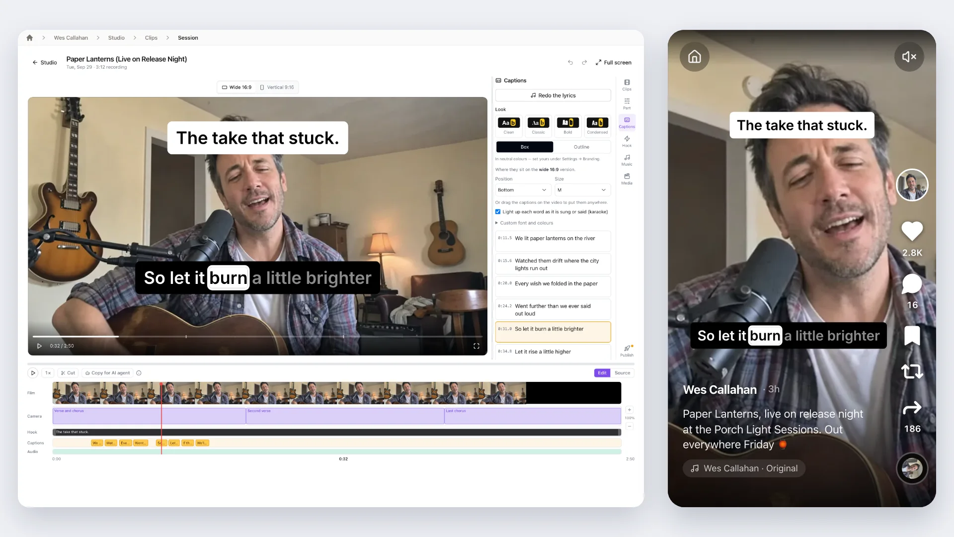 StreetTeam Studio editor on Wes Callahan's live stage performance of Paper Lanterns, him singing into a microphone with his acoustic guitar: the wide 16:9 cut with a hook across the top and black-and-white word-by-word lyric captions below, the caption styles and the timeline on the left, and on the right the same clip published as a Moment in the StreetTeam feed on a phone, its lyric captions intact, with the artist name, post caption and sound along the bottom and, in the bottom-right corner, his avatar above like, comment, save, remix and share buttons showing 2.8K likes, 16 comments, and 186 shares